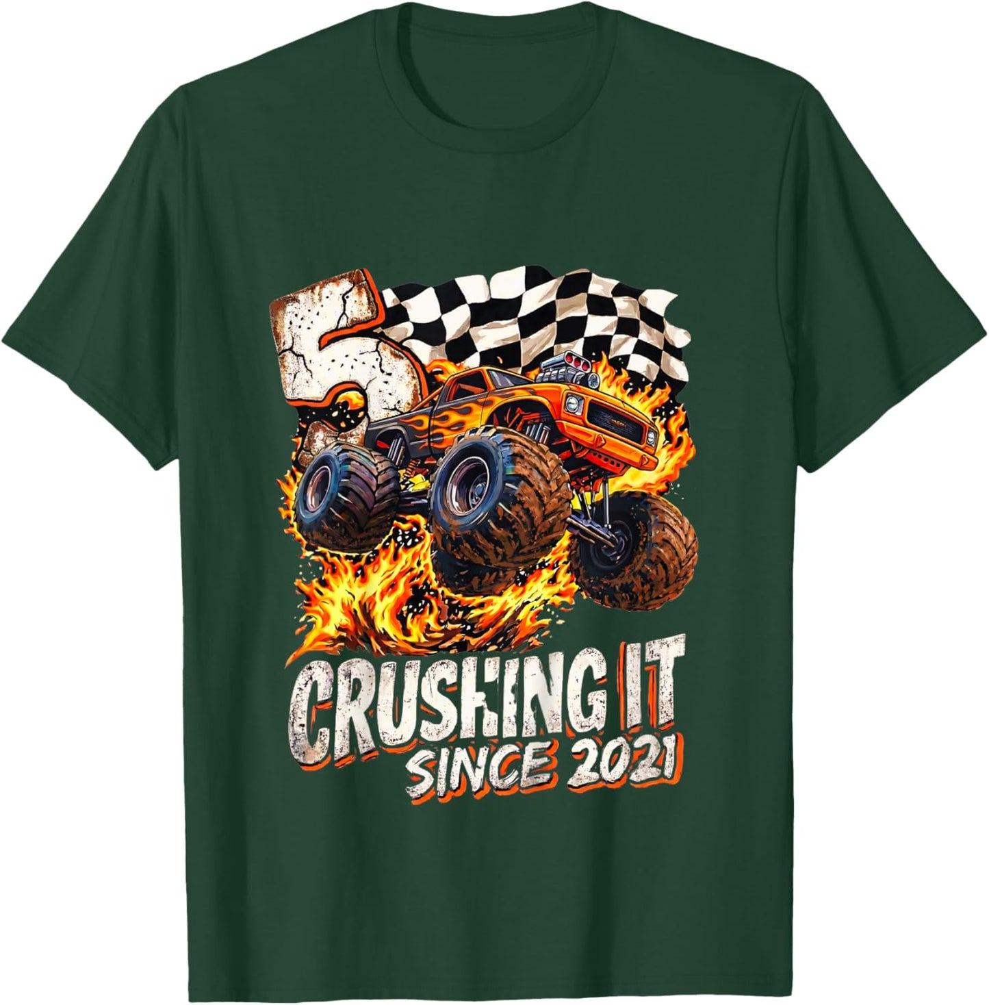 Kids Birthday Monster Truck Boys 5 Crushing It Since 2021 Kids T-Shirt - T-Shirt | Forest