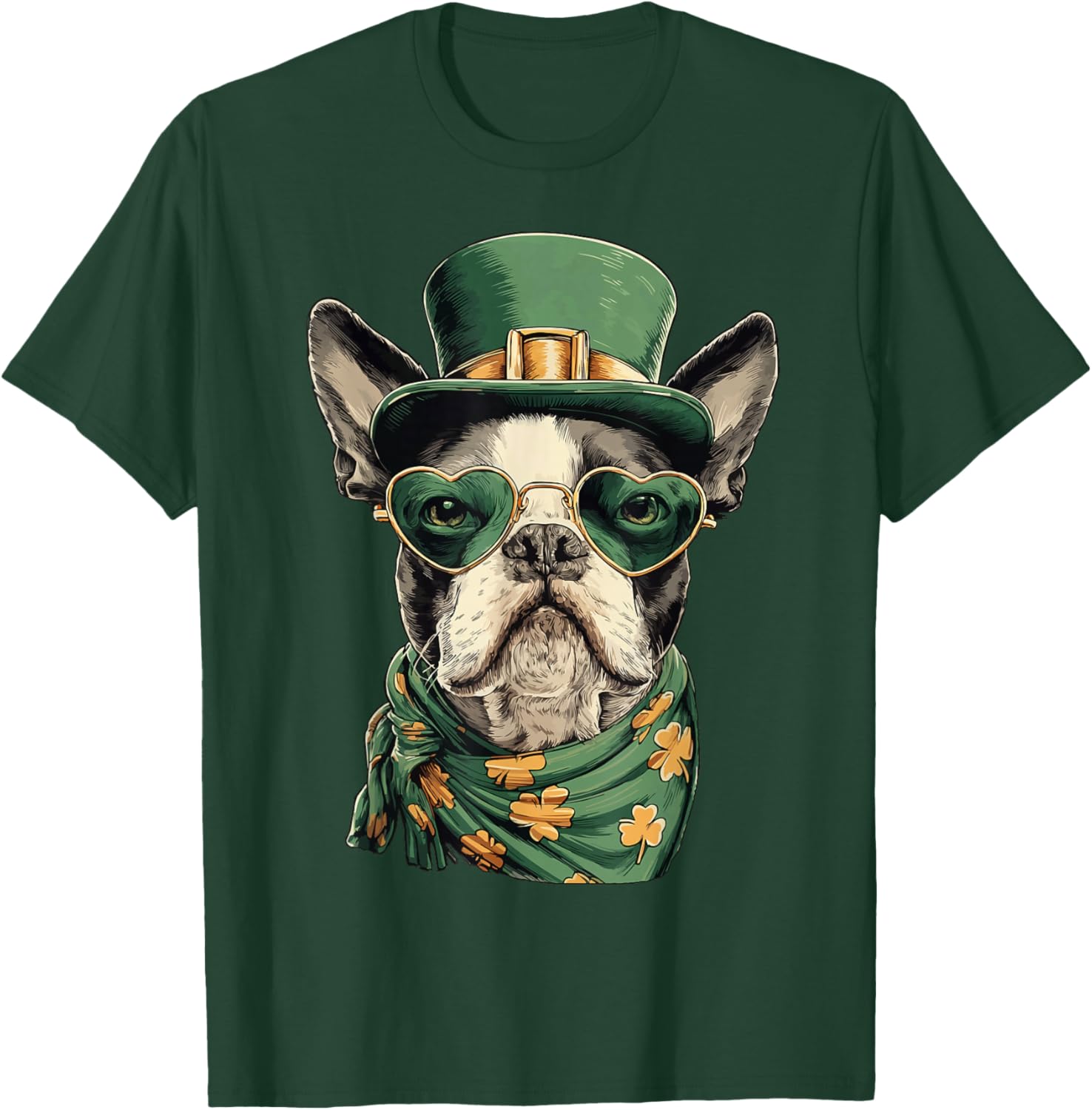 Irish Boston Terrier in Sunglasses Shamrocks St Patricks Day T-Shirt - T-Shirt | Forest