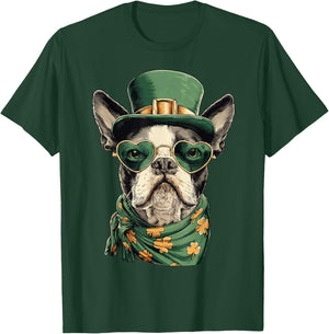 Irish Boston Terrier in Sunglasses Shamrocks St Patricks Day T-Shirt - T-Shirt | Forest