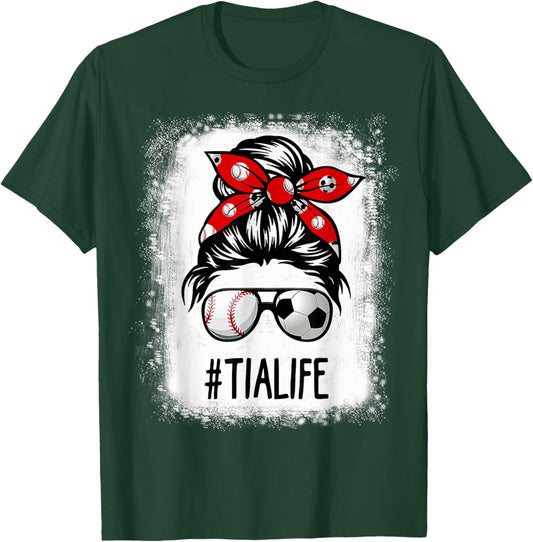 Bleached Tia Life Soccer Messy Bun Baseball Game Day T-Shirt - T-Shirt | Forest