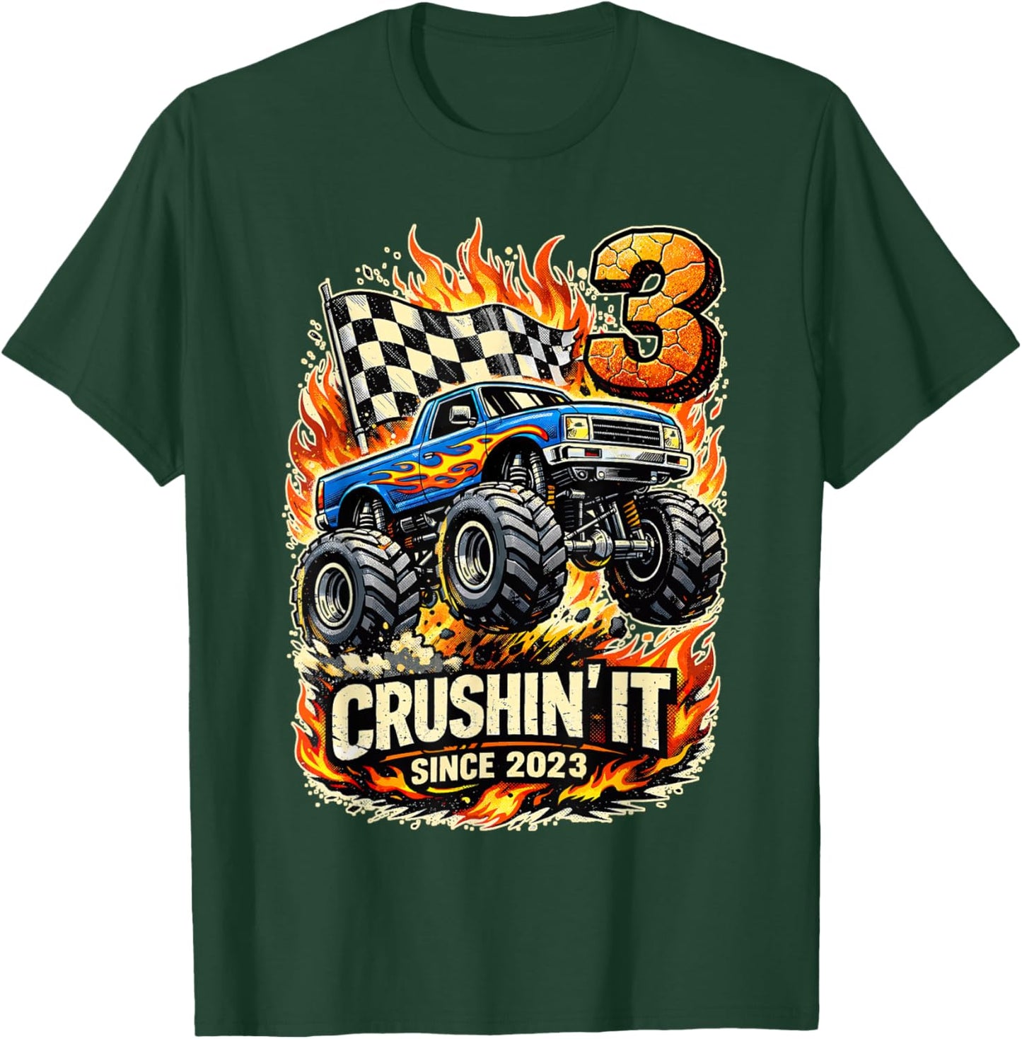 Birthday Monster Truck 3 Year Old Boys 3rd Party Born 2023 T-Shirt - T-Shirt | Forest