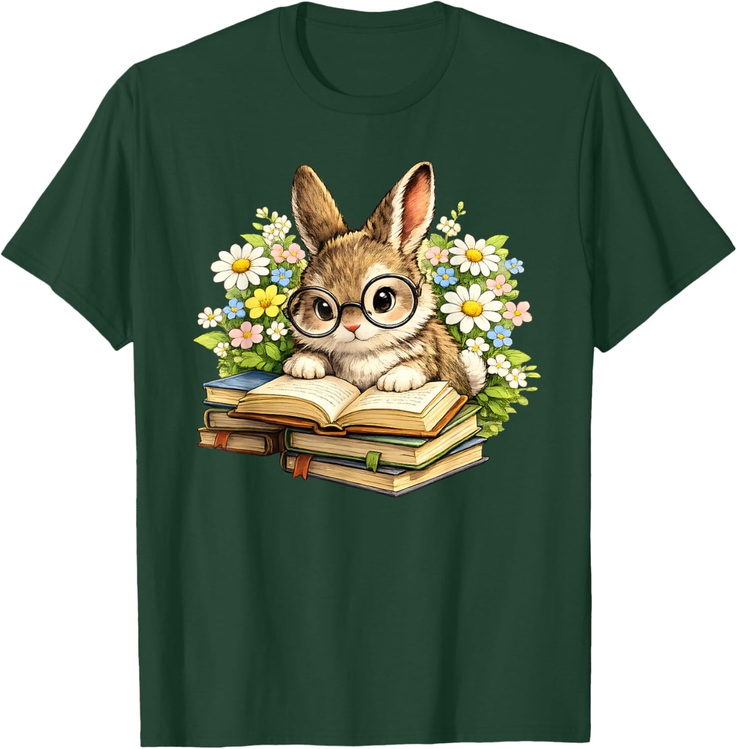 Cute Reading Bunny Easter Books Bookworm Reader Teacher T-Shirt - T-Shirt | Forest