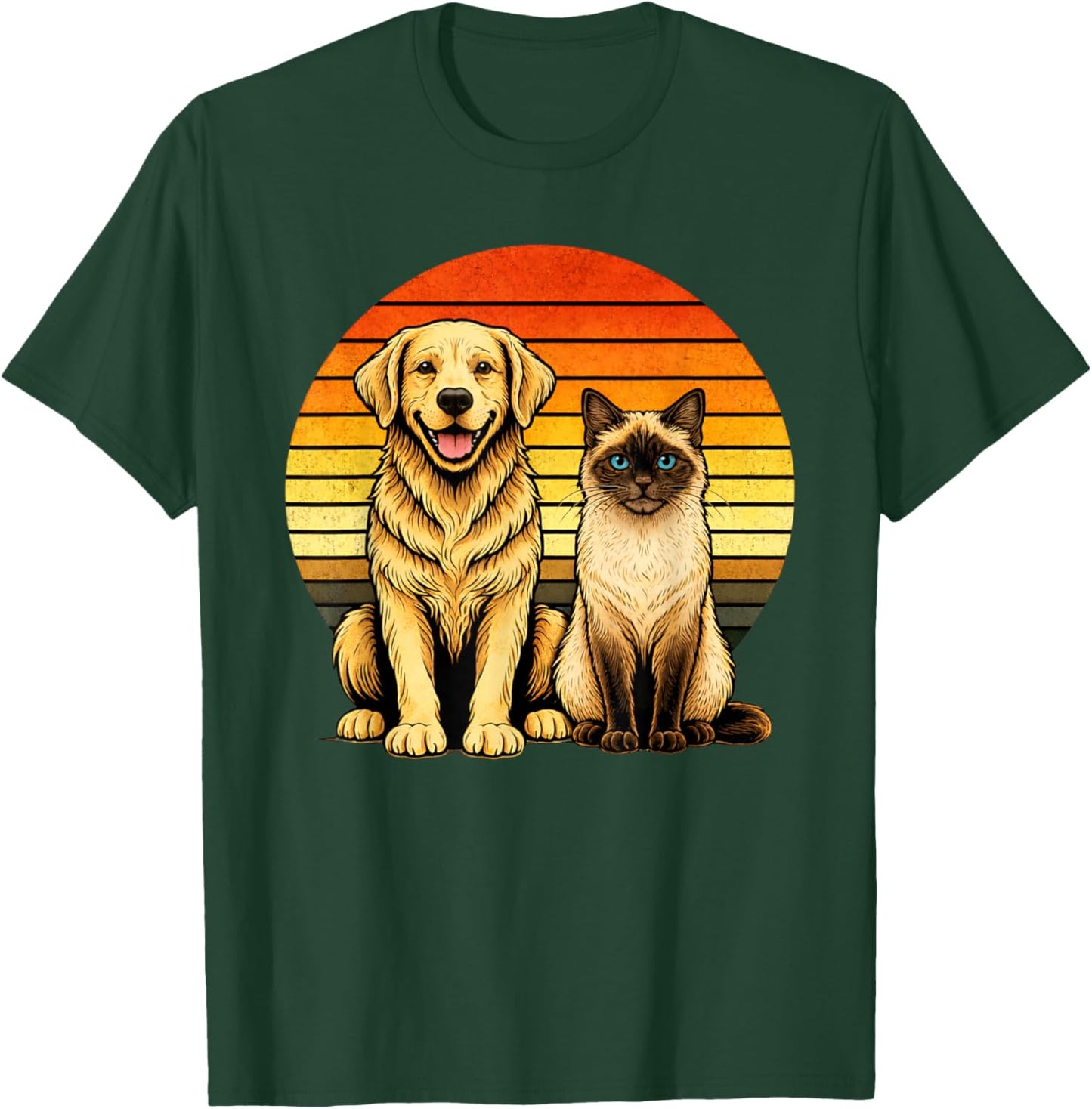Retro Golden Retriever Siamese Cat Friendship T-Shirt - T-Shirt | Forest