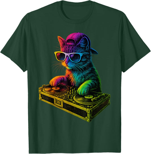 Rainbow DJ Cat Kitty House Music Turntable Design T-Shirt - T-Shirt | Forest