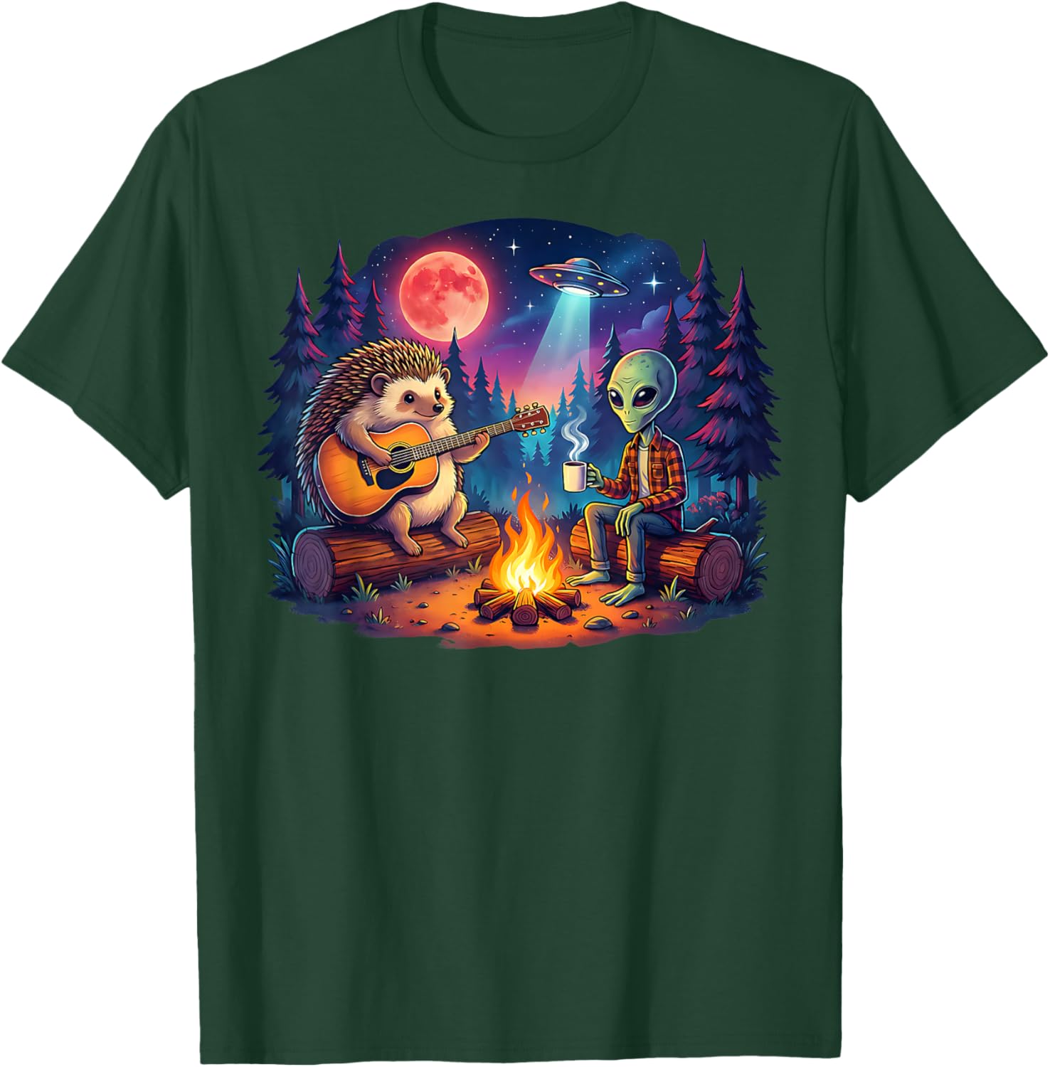 Funny Alien and Hedgehog Camping Campfire Moon UFO Guitar T-Shirt - T-Shirt | Forest