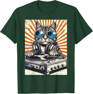 Cat Dj Headphone Turntable Vintage Music EDM Men Women Kids T-Shirt - T-Shirt | Forest