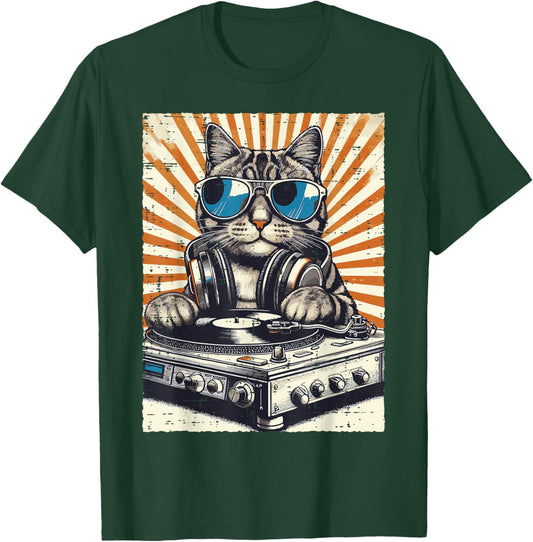 Cat Dj Headphone Turntable Vintage Music EDM Men Women Kids T-Shirt - T-Shirt | Forest