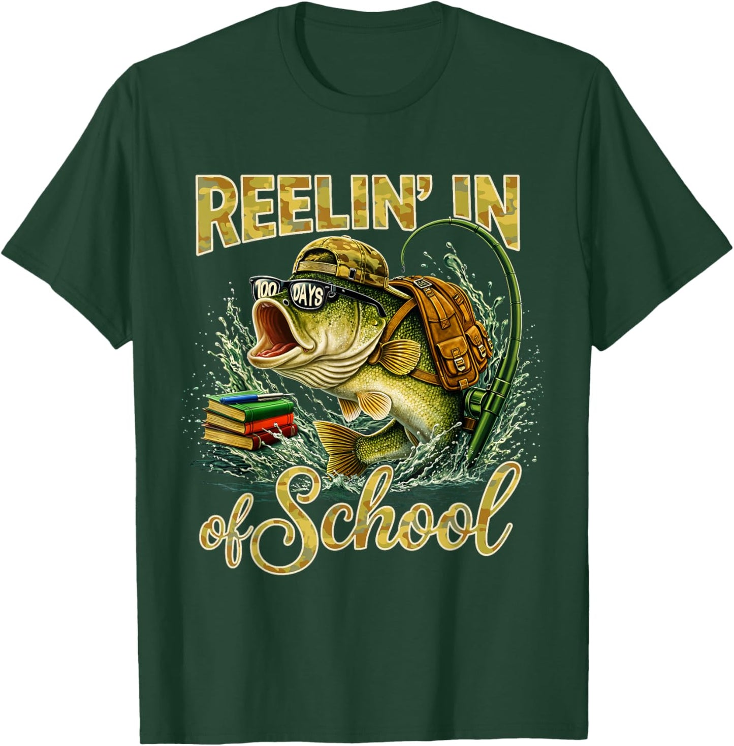 Reelin' in 100 Days of School Fishing Bass Kids Teacher T-Shirt - T-Shirt | Forest