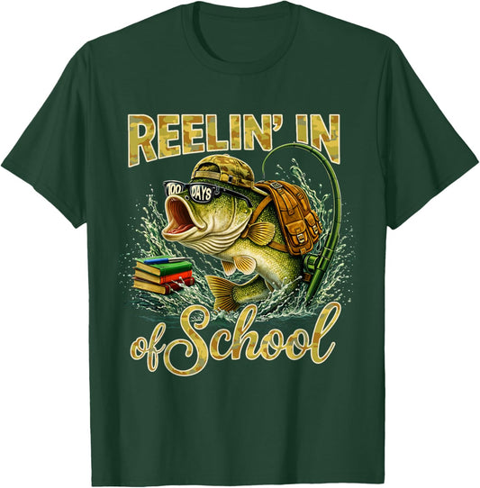 Reelin' in 100 Days of School Fishing Bass Kids Teacher T-Shirt - T-Shirt | Forest