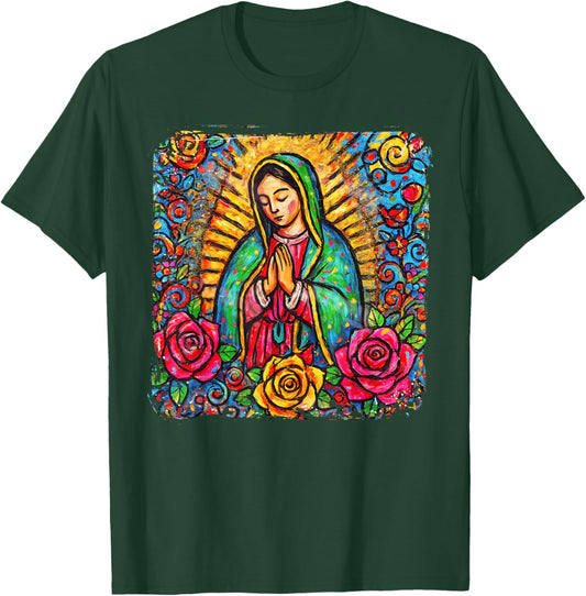 Our Lady Virgen De Guadalupe Saint Virgin Mary Pink Roses T-Shirt - T-Shirt | Forest