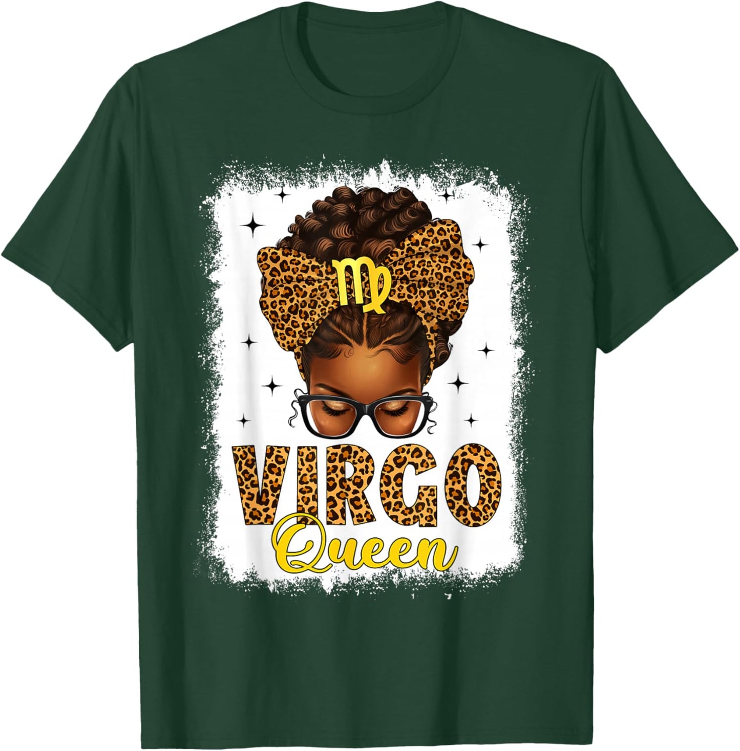 Virgo Queen Messy Bun Leopard Bow Black Women Zodiac T-Shirt - T-Shirt | Forest