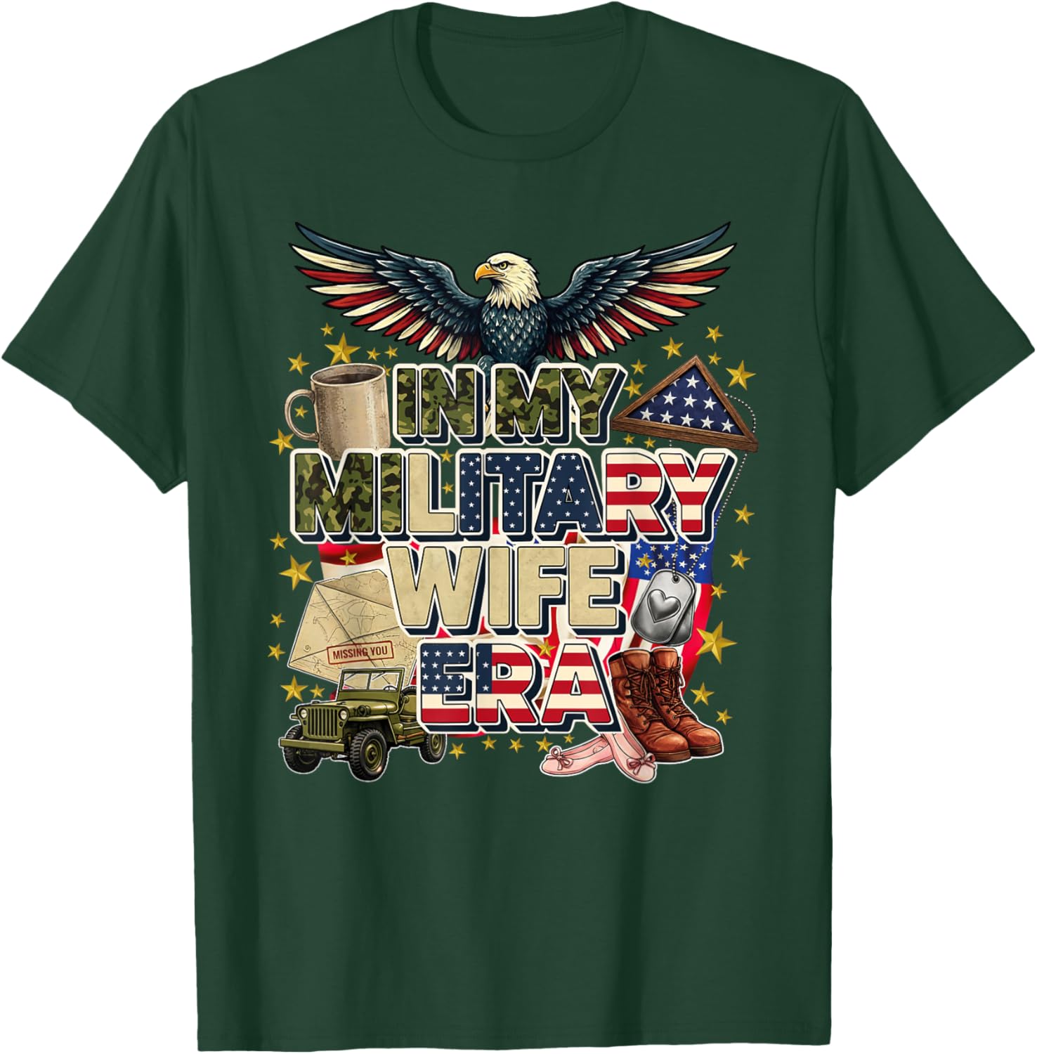 in My Military Wife Era Patriotic American Flag Camo Spouse T-Shirt - T-Shirt | Forest