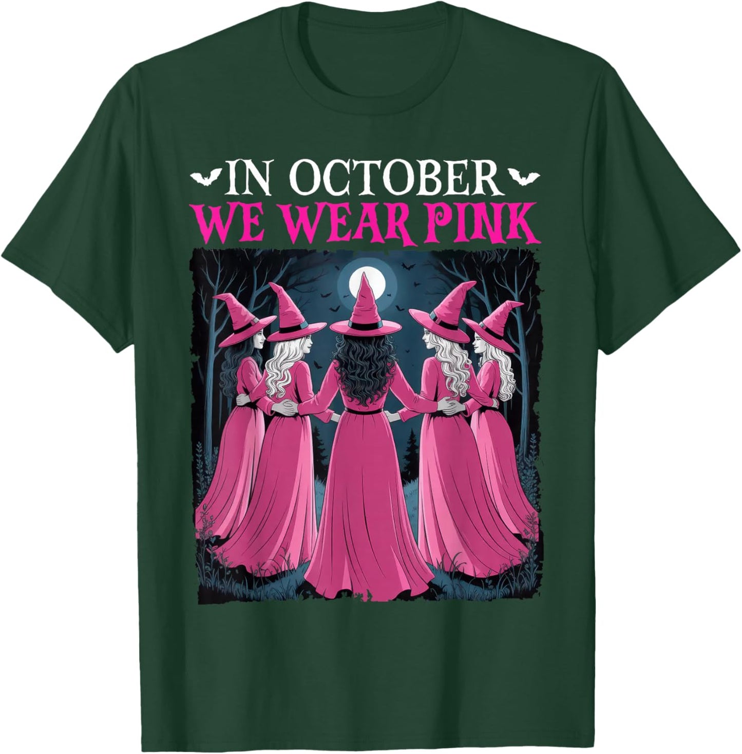 in October We Wear Pink Witch Halloween Breast Cancer Women T-Shirt - T-Shirt | Forest
