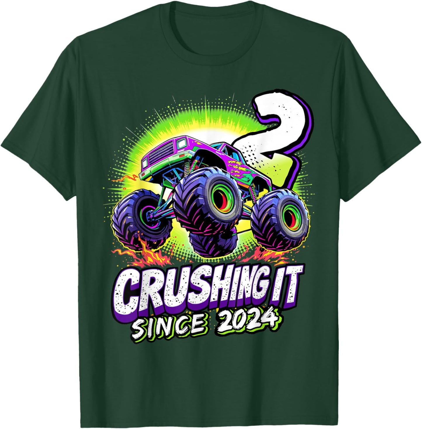 Birthday Monster Truck 2 Year Old Boys 2nd Party Born 2024 T-Shirt - T-Shirt | Forest