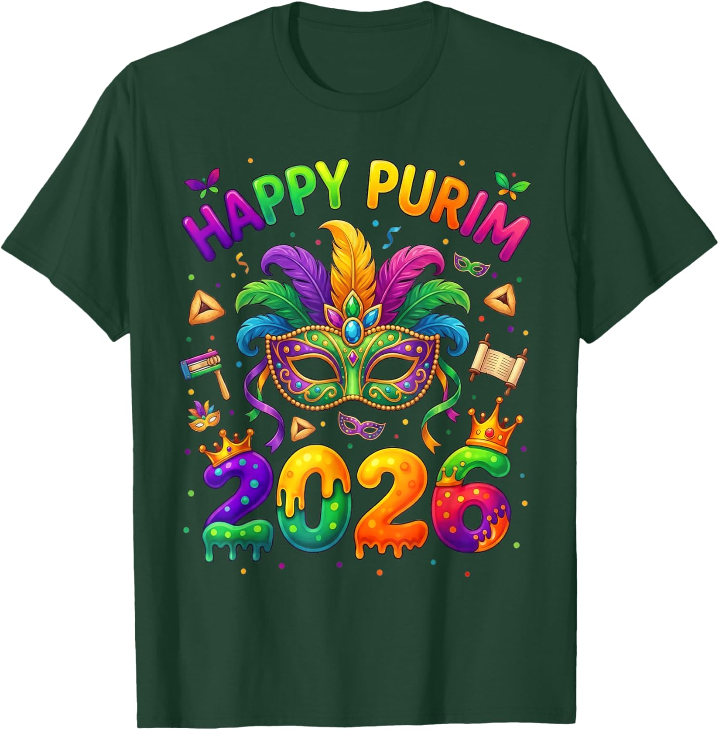 Happy Purim 2026 Colorful Jewish Festival Mask Balloon T-Shirt - T-Shirt | Forest