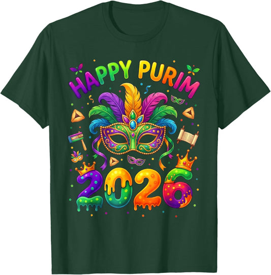 Happy Purim 2026 Colorful Jewish Festival Mask Balloon T-Shirt - T-Shirt | Forest