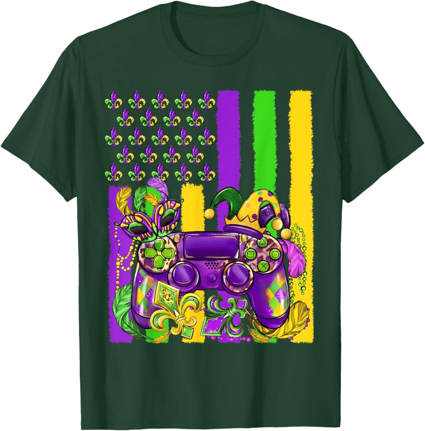 Mardi Gras Video Game Flag Fleur De Lis Jester Boy Girl Kid T-Shirt - T-Shirt | Forest