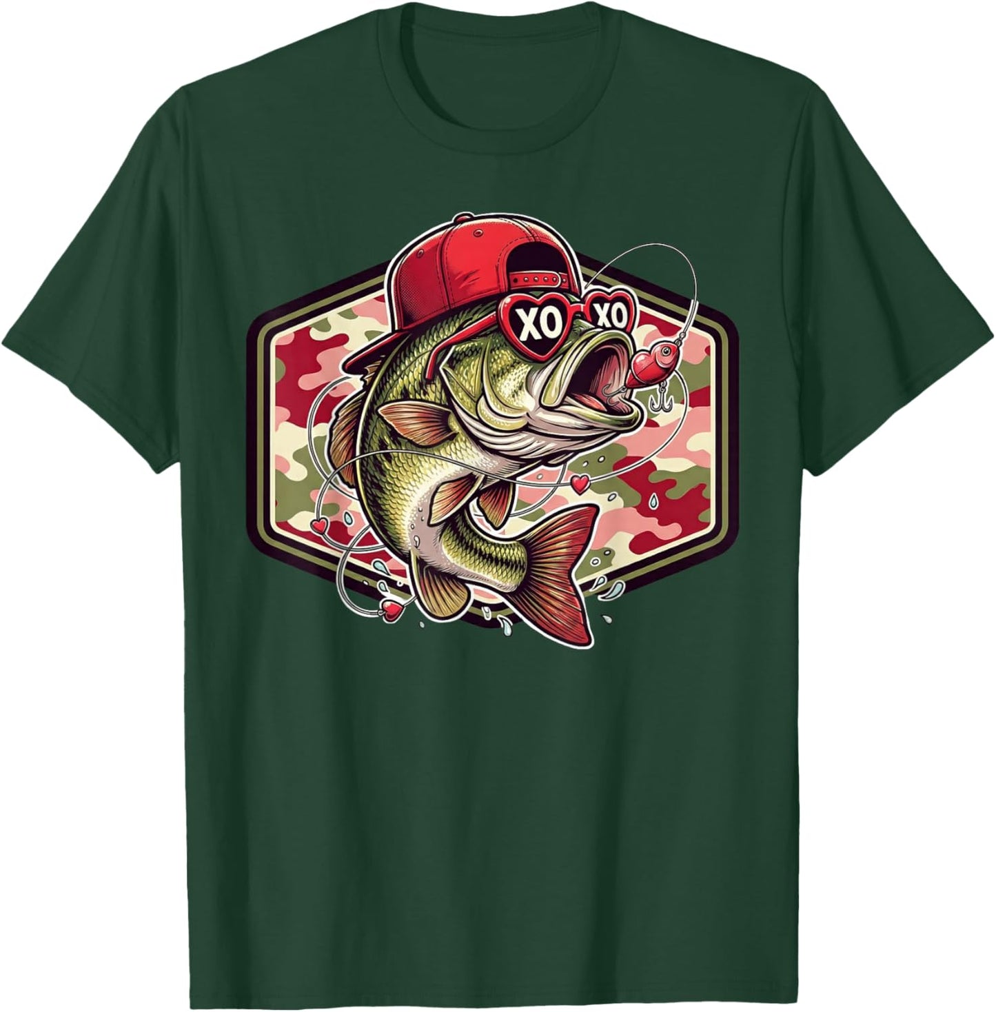Valentine Bass Fishing Camo Fisherman Valentines Day T-Shirt - T-Shirt | Forest
