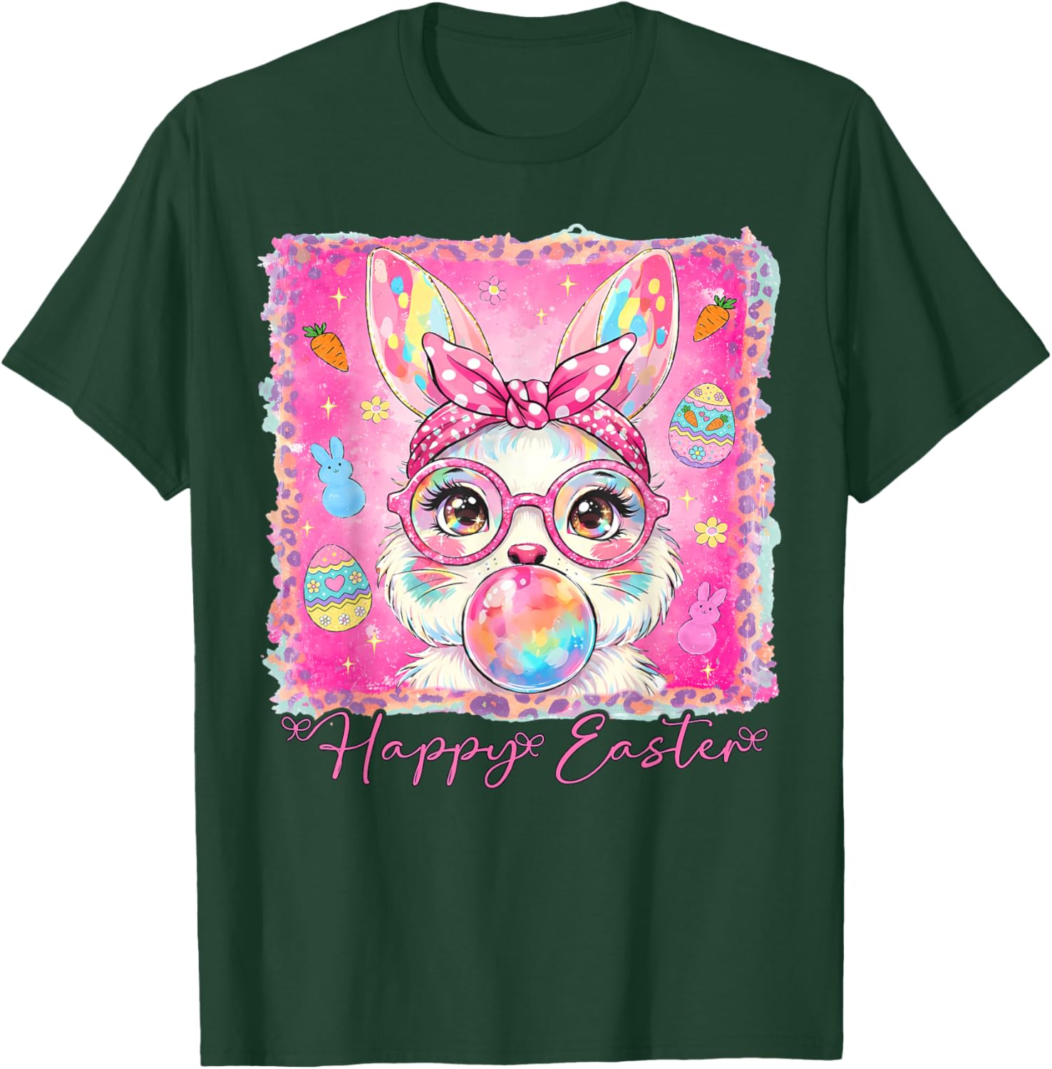 Happy Easter Cute Rabbit Bunny Face Blowing Bubble Gum Girls T-Shirt - T-Shirt | Forest