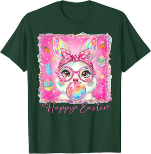 Happy Easter Cute Rabbit Bunny Face Blowing Bubble Gum Girls T-Shirt - T-Shirt | Forest