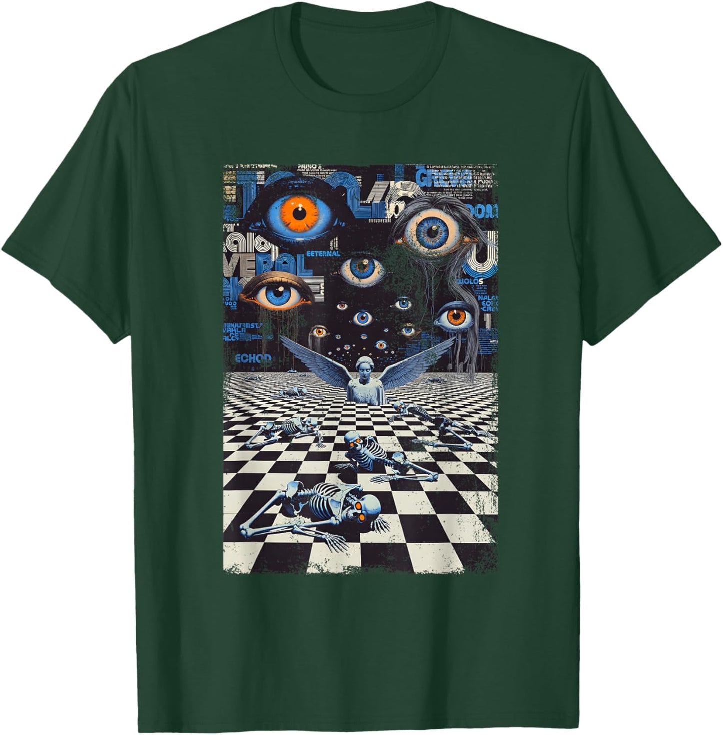 Weirdcore Eyes Skeleton Glitch Art Surreal Checkered Floor T-Shirt - T-Shirt | Forest