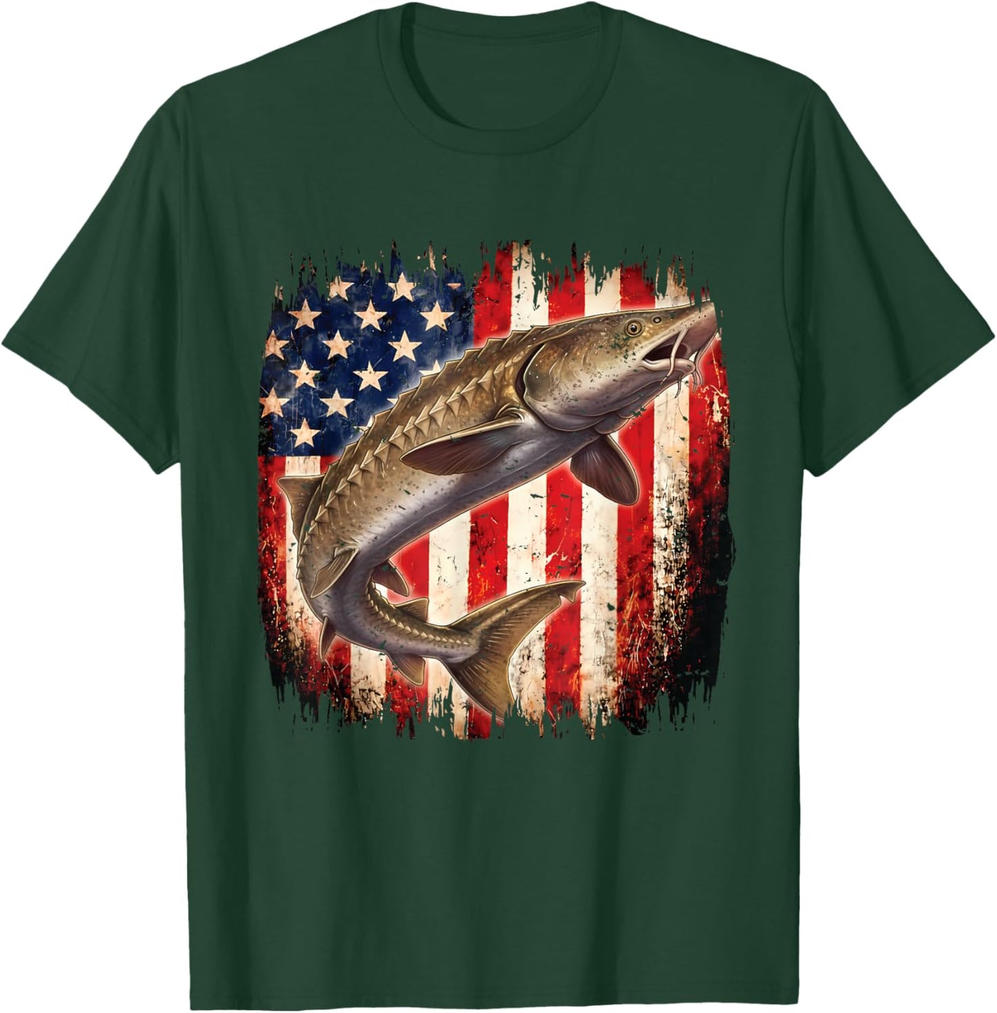 American Flag Sturgeon Fish Fishing Vintage Fisherman T-Shirt - T-Shirt | Forest