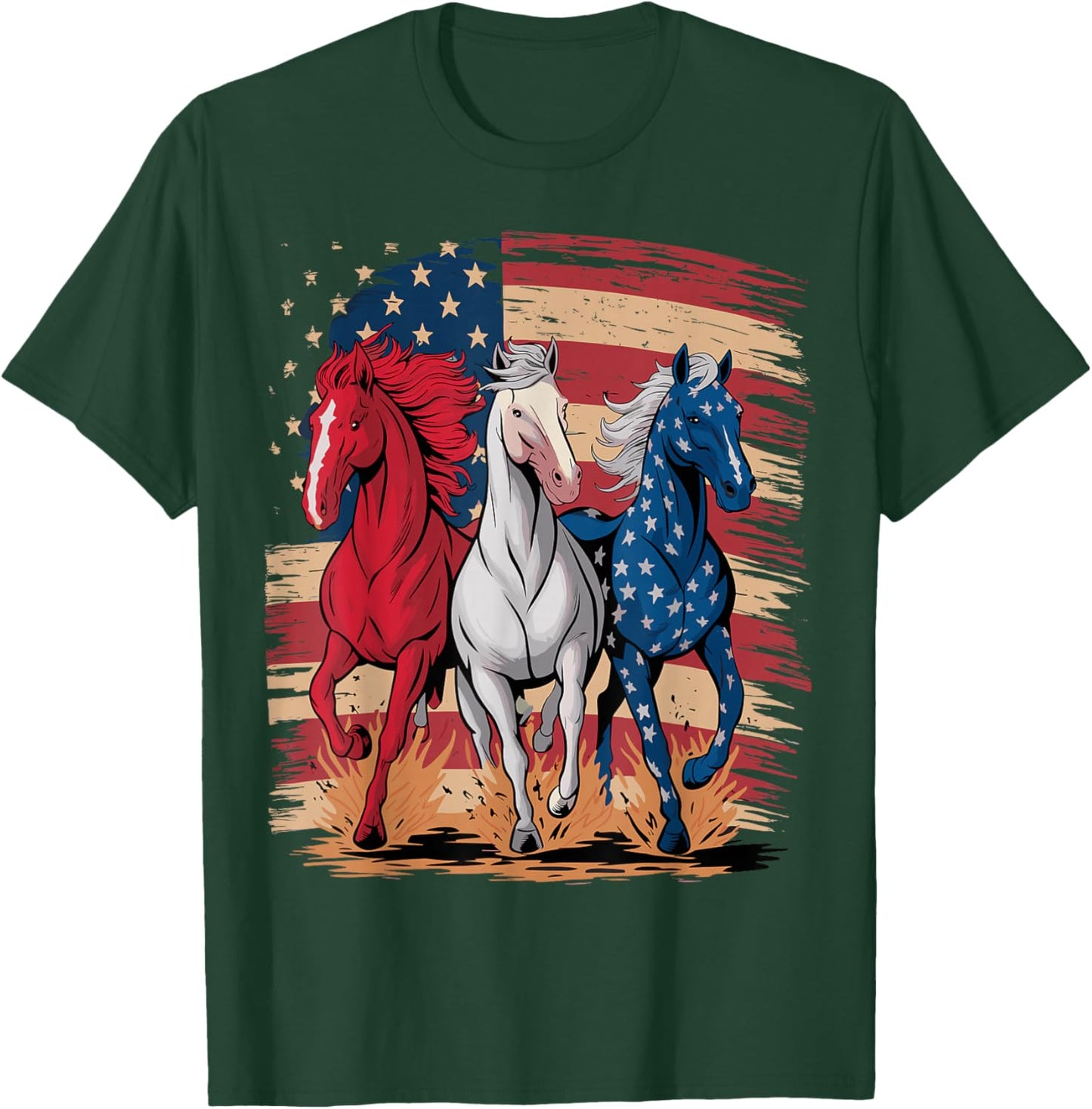 Horse Patriotic USA Flag 4th of July Horses T-Shirt - T-Shirt | Forest