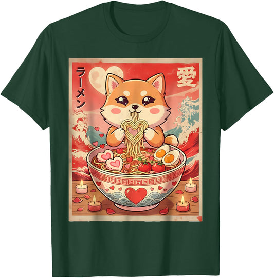 Kawaii Shiba Inu Ramen Valentine Couples Anime T-Shirt - T-Shirt | Forest