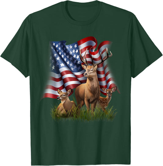 American Flag Deer Buck Doe Fawn Patriotic Wildlife T-Shirt - T-Shirt | Forest