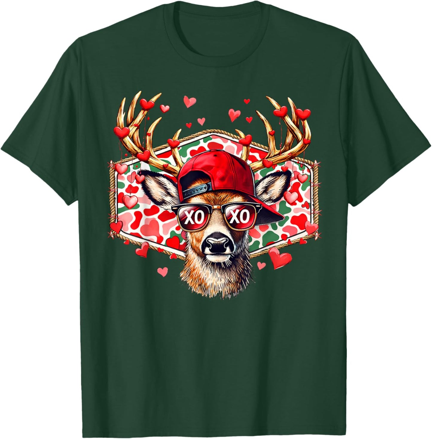 Valentine Buck Deer Hunting Camo Funny Red Heart Boy Girl T-Shirt - T-Shirt | Forest