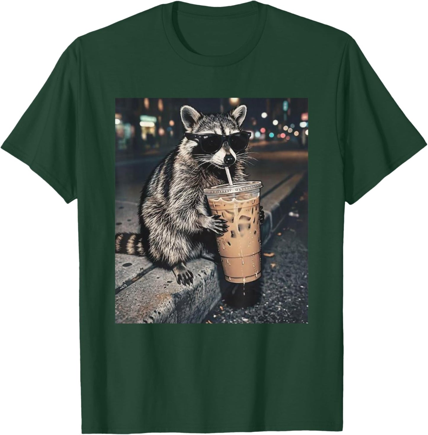 Funny Raccoon Drinking Iced Coffee Meme T-Shirt - T-Shirt | Forest