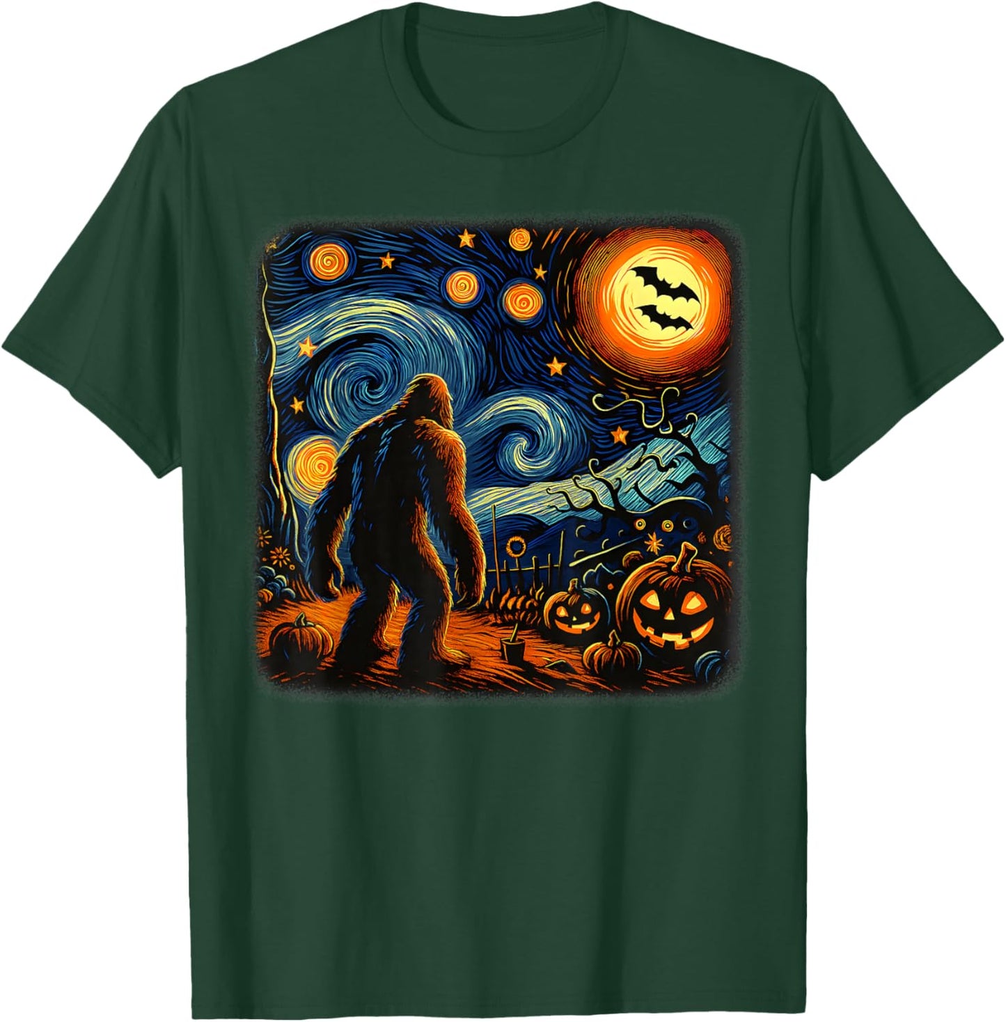 Halloween Bigfoot Starry Night Van Gogh Sasquatch Pumpkin T-Shirt - T-Shirt | Forest
