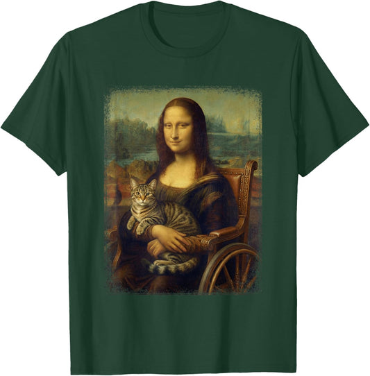 Wheelchair Mona Lisa Holding Tabby Cat Kitten Art Parody T-Shirt - T-Shirt | Forest