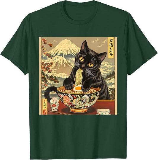 Funny Japanese Black Cat Eating Ramen Noodles T-Shirt - T-Shirt | Forest
