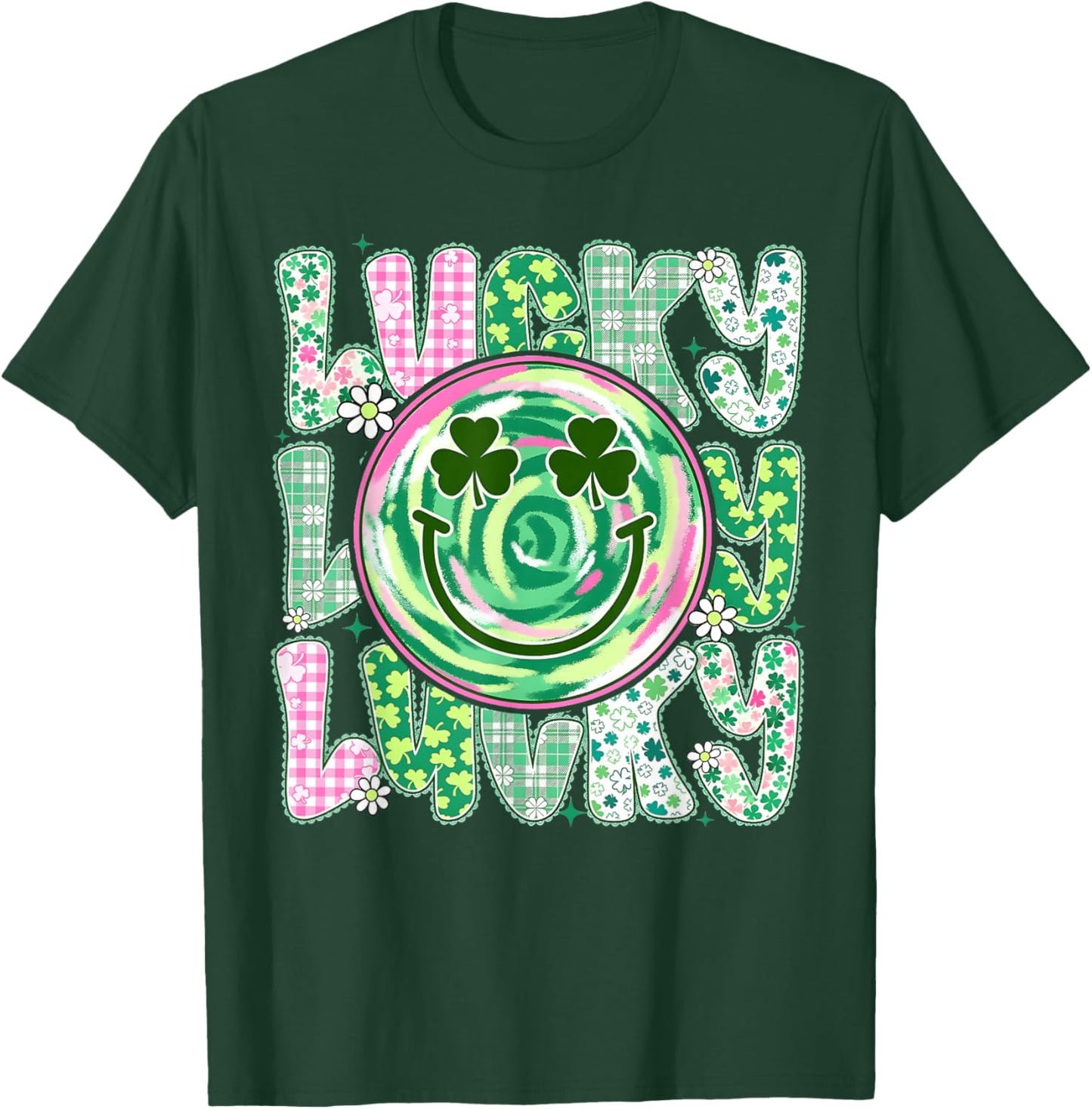 St Patricks Day Lace Lucky Smile Face Shamrock Men Women Kid T-Shirt - T-Shirt | Forest