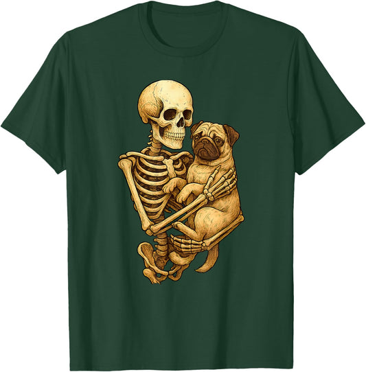 Skeleton Hugging Pug Halloween Pugs Lover Pug Mom Dad T-Shirt - T-Shirt | Forest