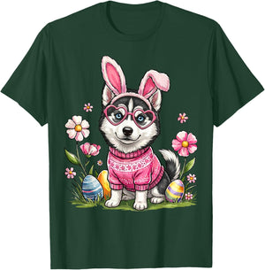 Easter Day Siberian Husky Dog Outfit Bunny Ears Egg Spring T-Shirt - T-Shirt | Forest