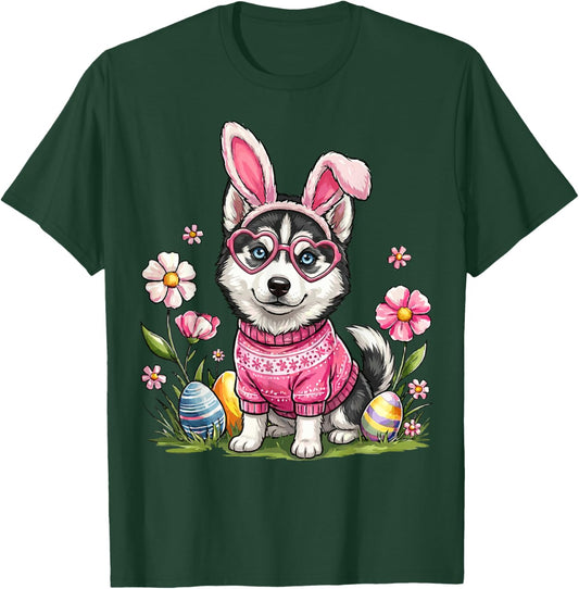 Easter Day Siberian Husky Dog Outfit Bunny Ears Egg Spring T-Shirt - T-Shirt | Forest