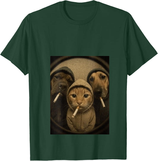 Women's Cats and Dogs Smoking Cigarette Staring Through a Peephole V-Neck T-Shirt - T-Shirt | Forest