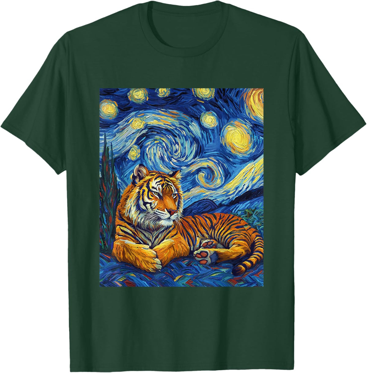 Tiger Van Gogh Style Starry Night Funny Graphic T-Shirt - T-Shirt | Forest
