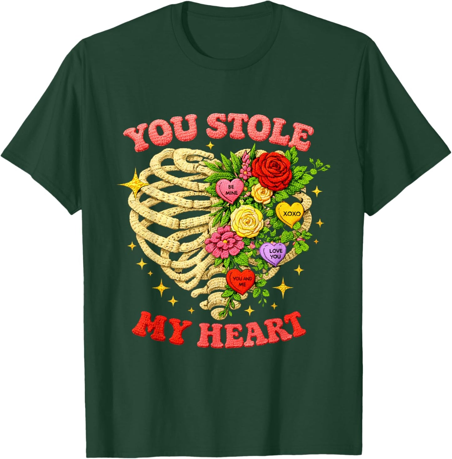 You Stole My Heart Embroidered Skeleton Valentine Art T-Shirt - T-Shirt | Forest
