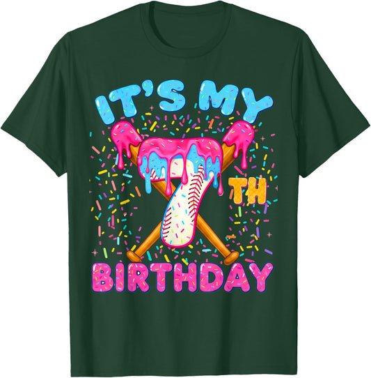 7th Birthday Baseball Seven Ice Cream Drip Boy Baseball T-Shirt - T-Shirt | Forest