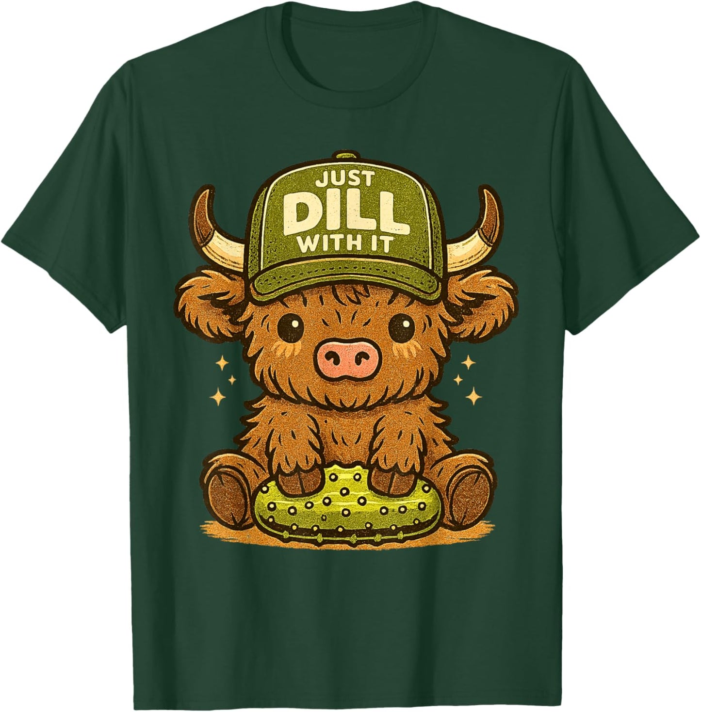 Just Dill with It Cute Highland Cow Pickle Pun T-Shirt - T-Shirt | Forest