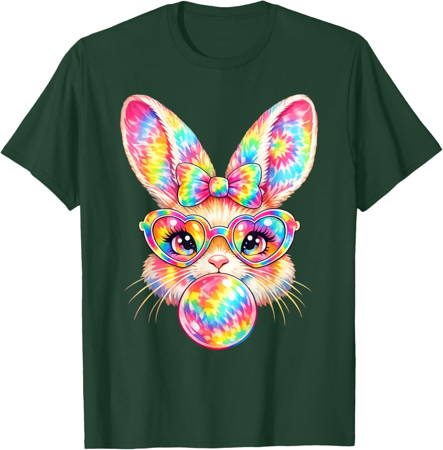 Rainbow Bunny Tie Dye Easter Coquette Bow with Sunglasses T-Shirt - T-Shirt | Forest