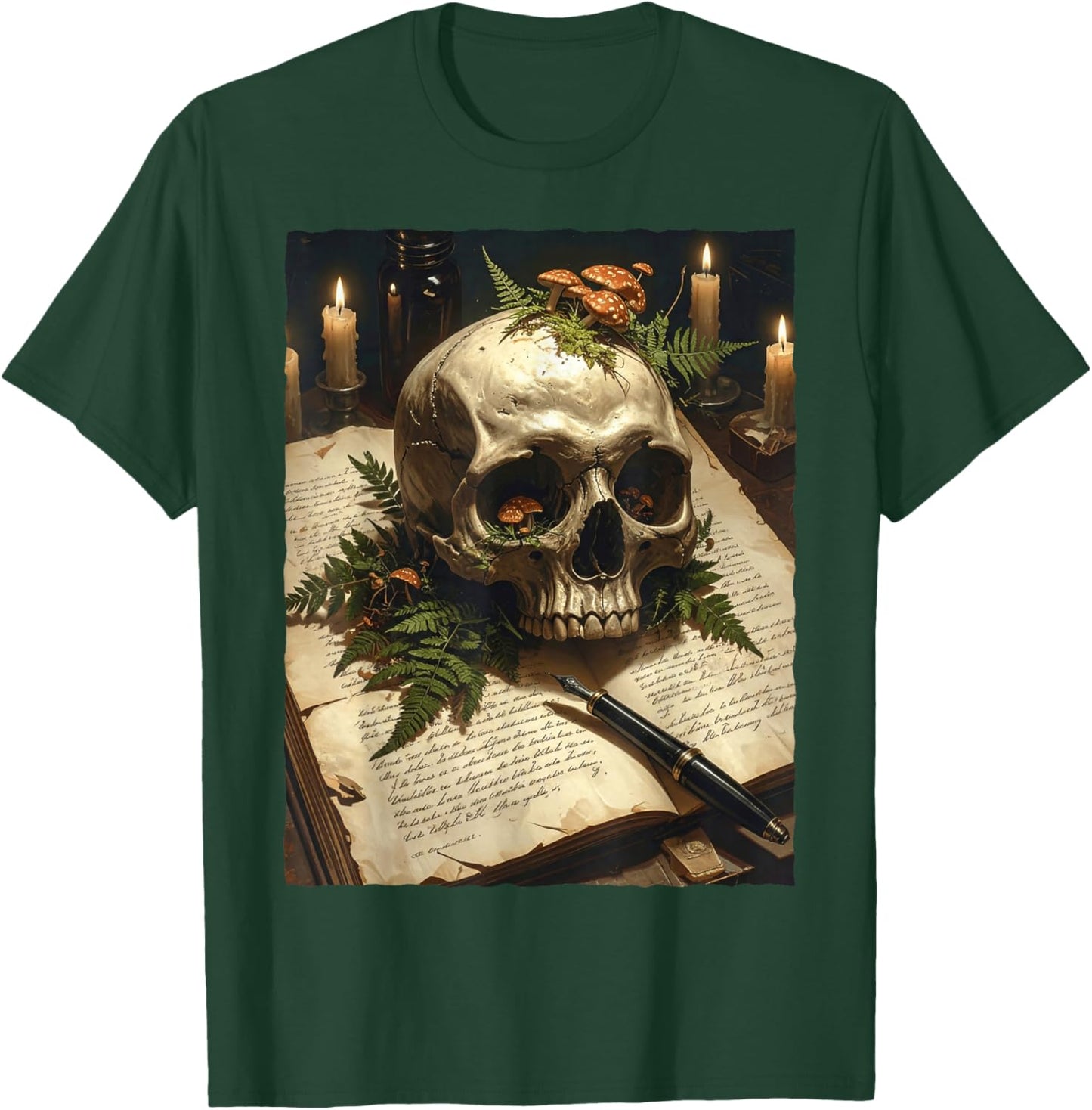 Dark Academia Gothic Mushroom Skull Vintage Book Fern Occult T-Shirt - T-Shirt | Forest