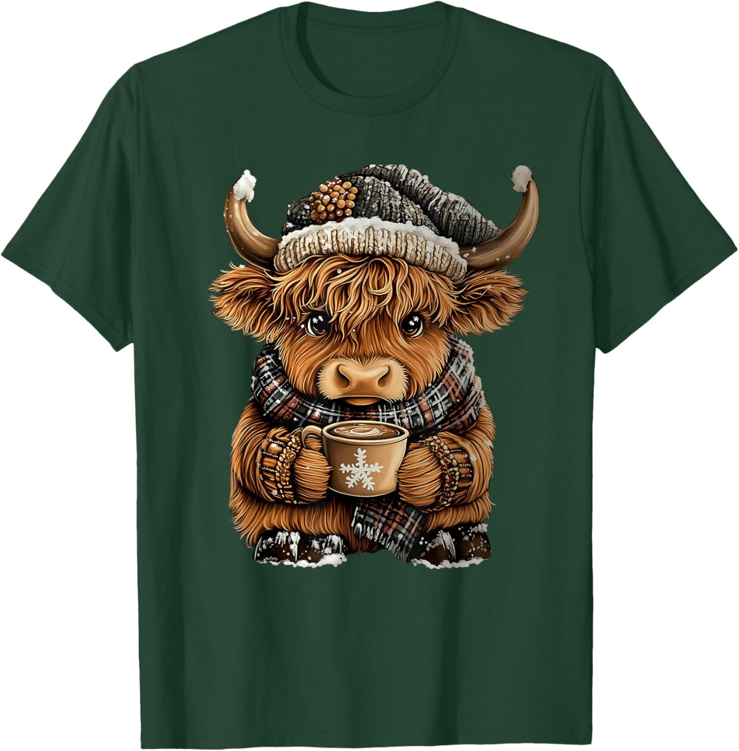 Cute Christmas Highland Cow Drinking Coffee Winter Holiday T-Shirt - T-Shirt | Forest
