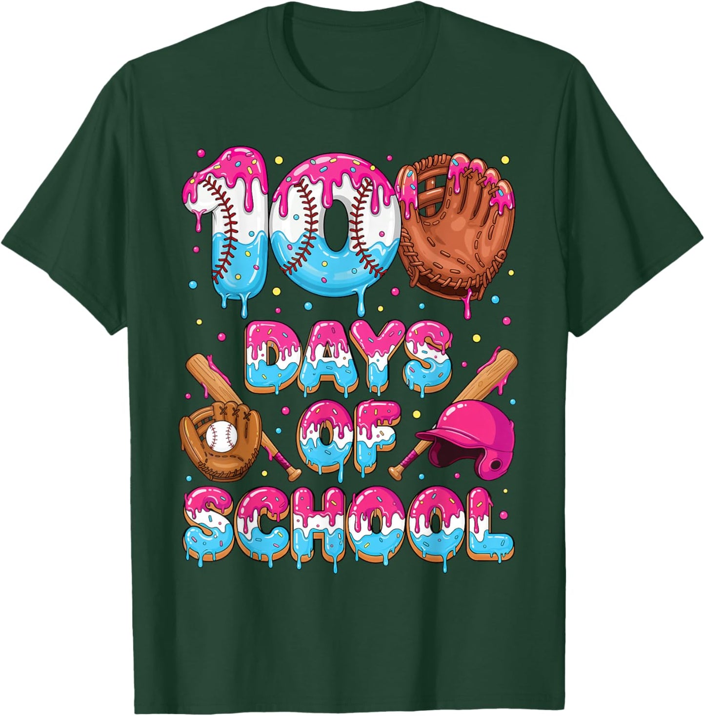 100 Days of School Baseball Donut Dripping Teacher Boys Kids T-Shirt - T-Shirt | Forest