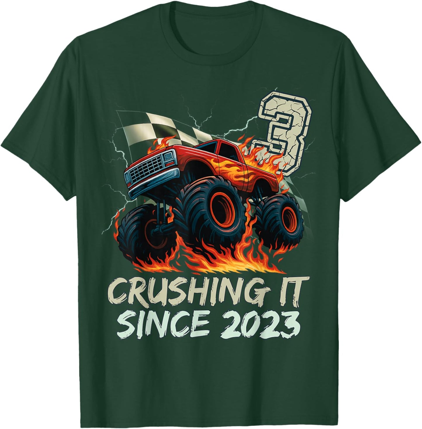 Birthday Monster Truck 3 Year Old Boys 3rd Party Born 2023 T-Shirt - T-Shirt | Forest