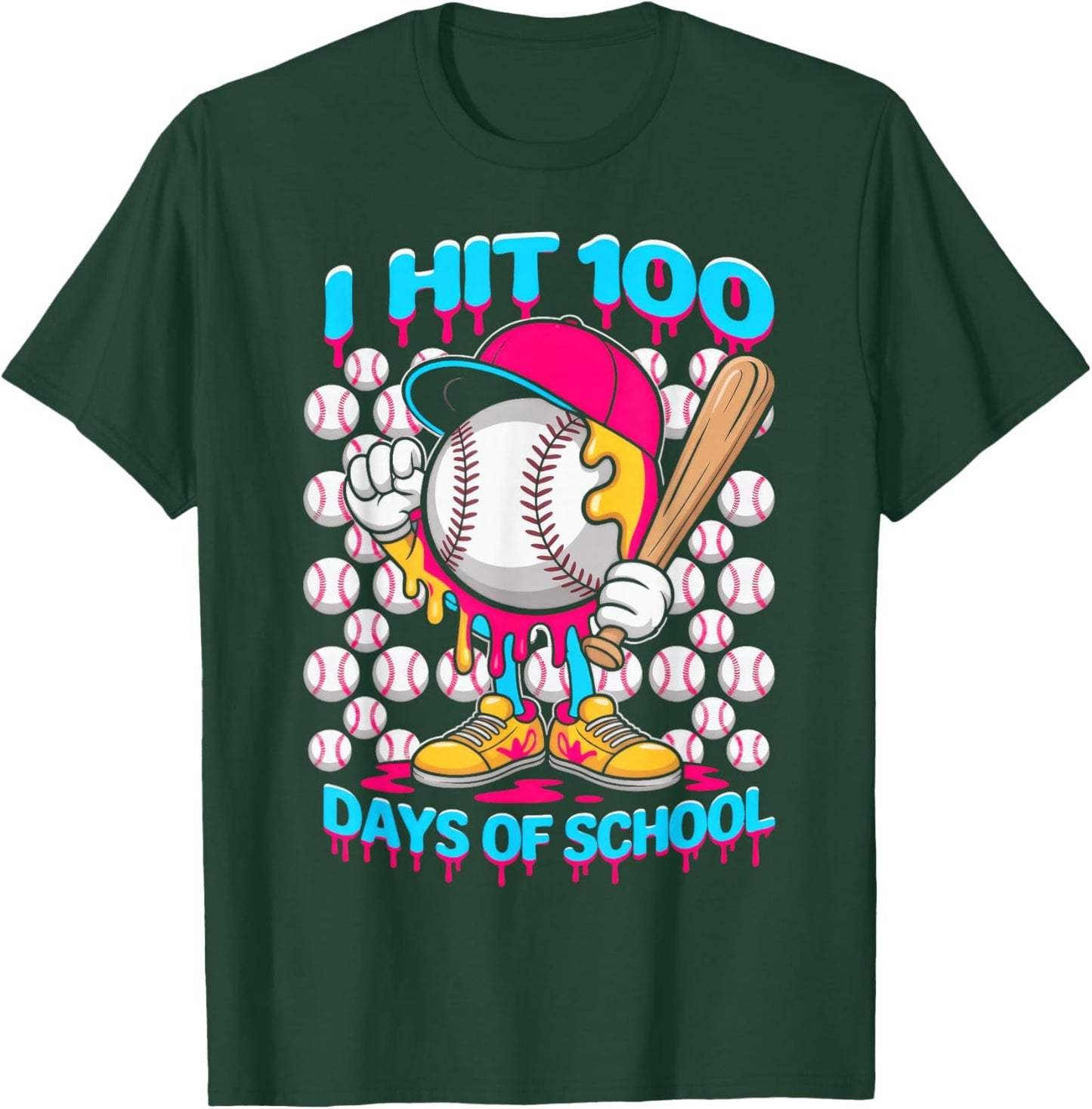I hit 100 Days of School, Baseball Ice Cream Drip T-Shirt - T-Shirt | Forest