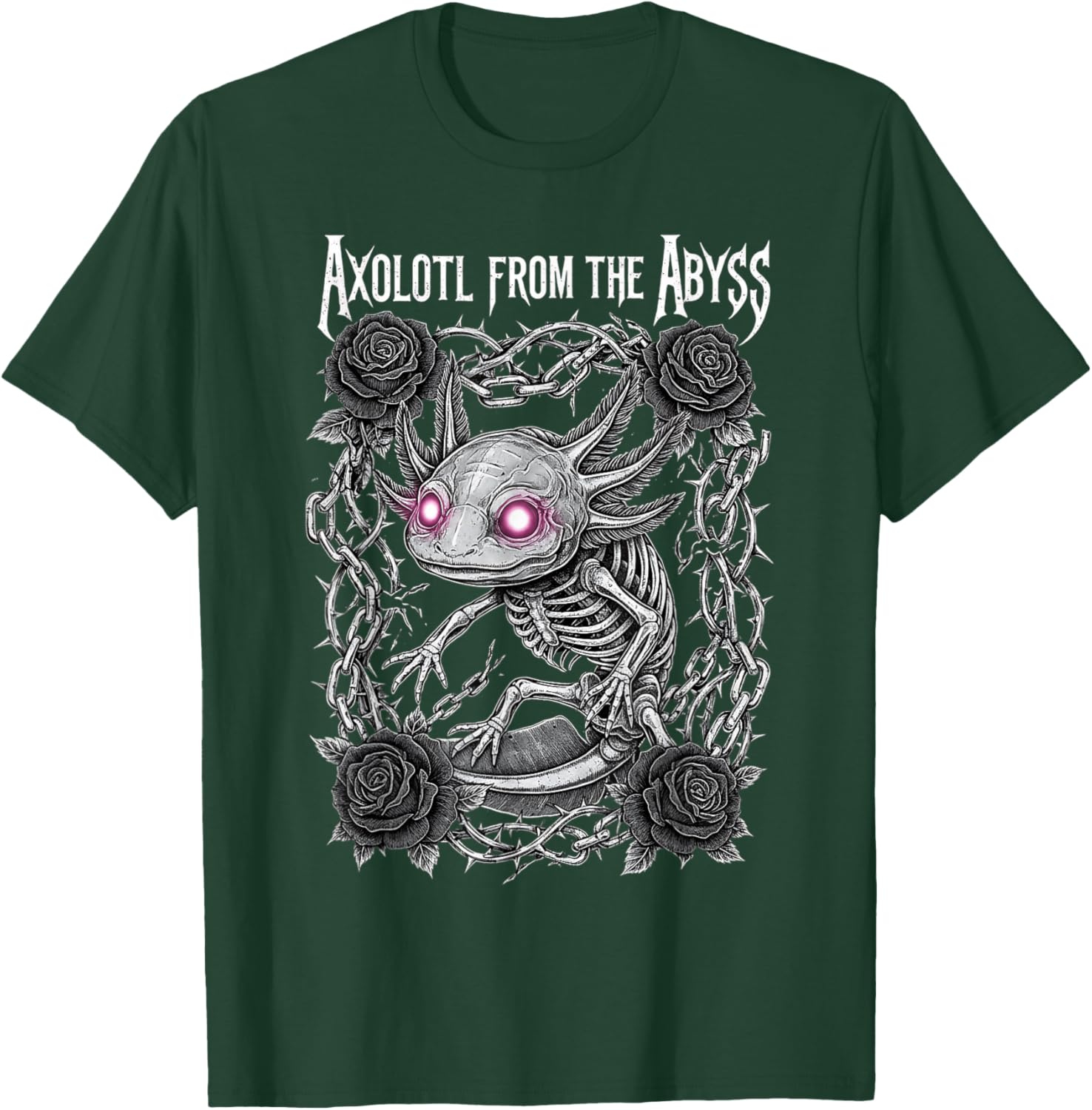 Skeleton Axolotl Gothic Heavy Metal Roses and Chains T-Shirt - T-Shirt | Forest